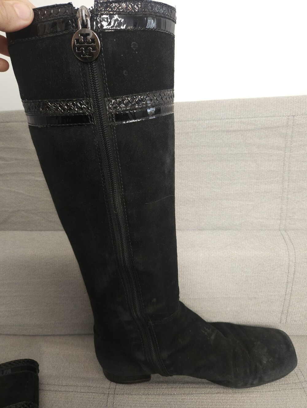 Tory Burch Black Suede Knee-High Boots with Logo Medallion - Picture 8 of 9